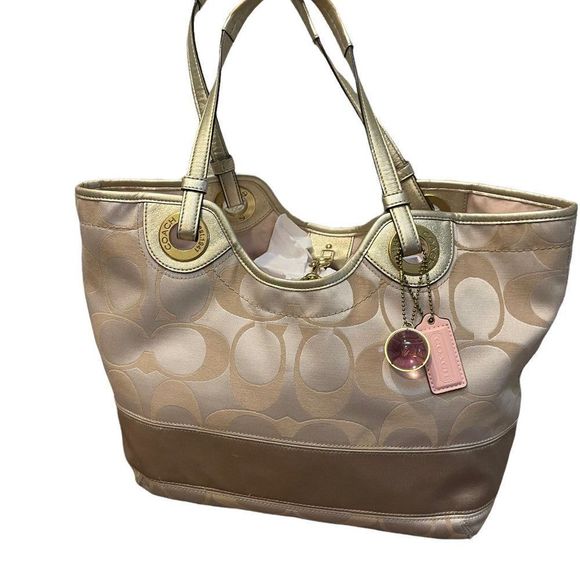 Large Matching Wallet Khaki and Tan Signature C Metallic Fabric Tote 12"L x 5"W - Picture 9 of 16